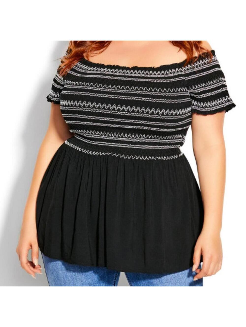 City Chic 14 Smocked Off Shoulder Babydoll Top NWT Black & White Flowy Feminine